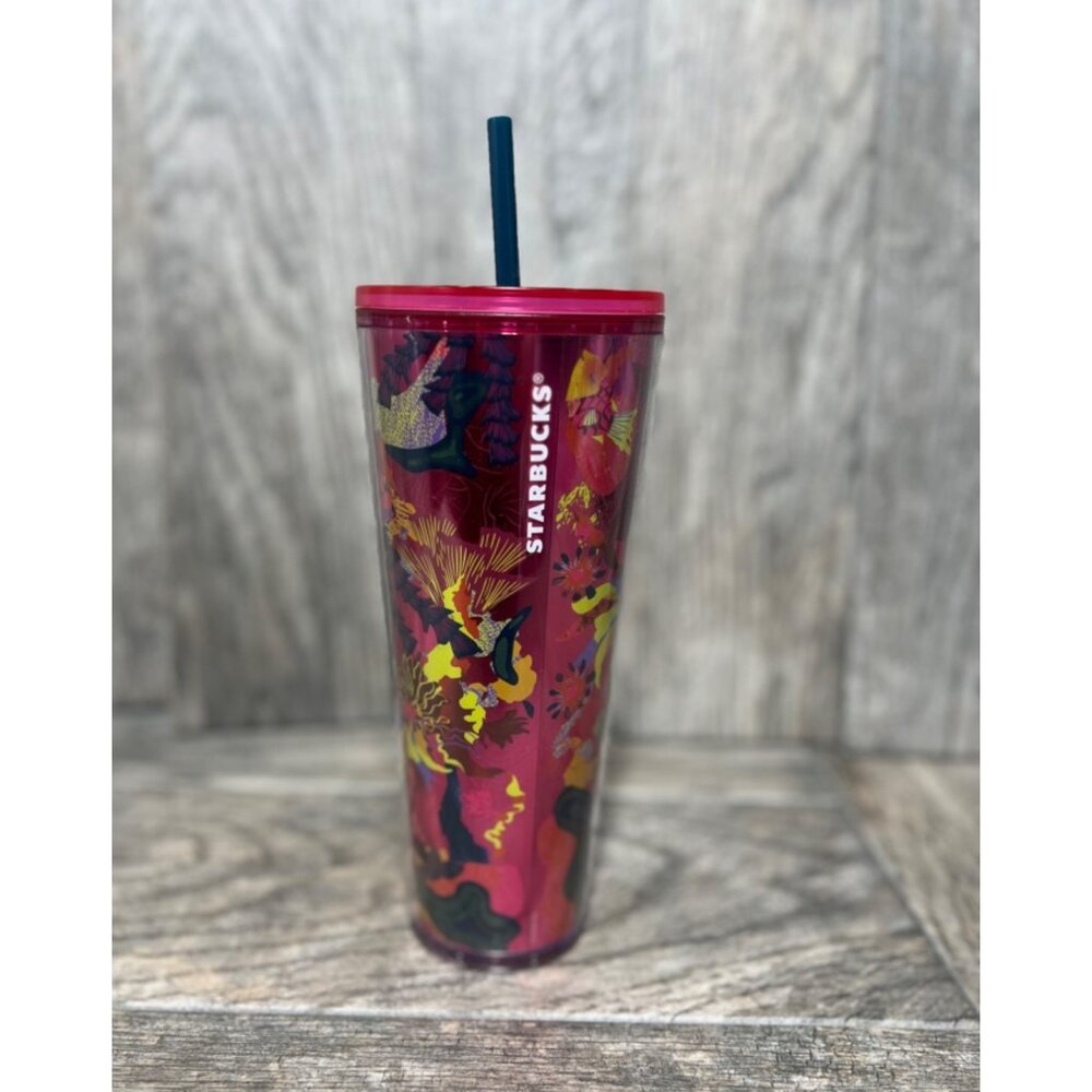 Starbucks Red Floral Travel Tumbler with Straw